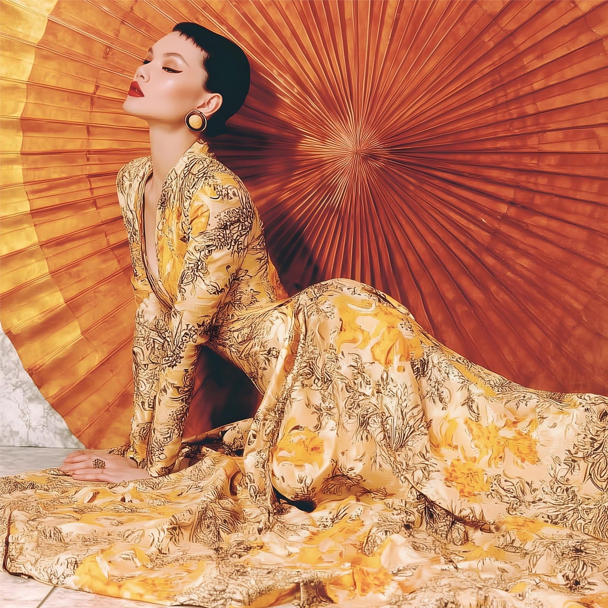 Woman in a gold and yellow patterned dress sitting against a large orange fan.